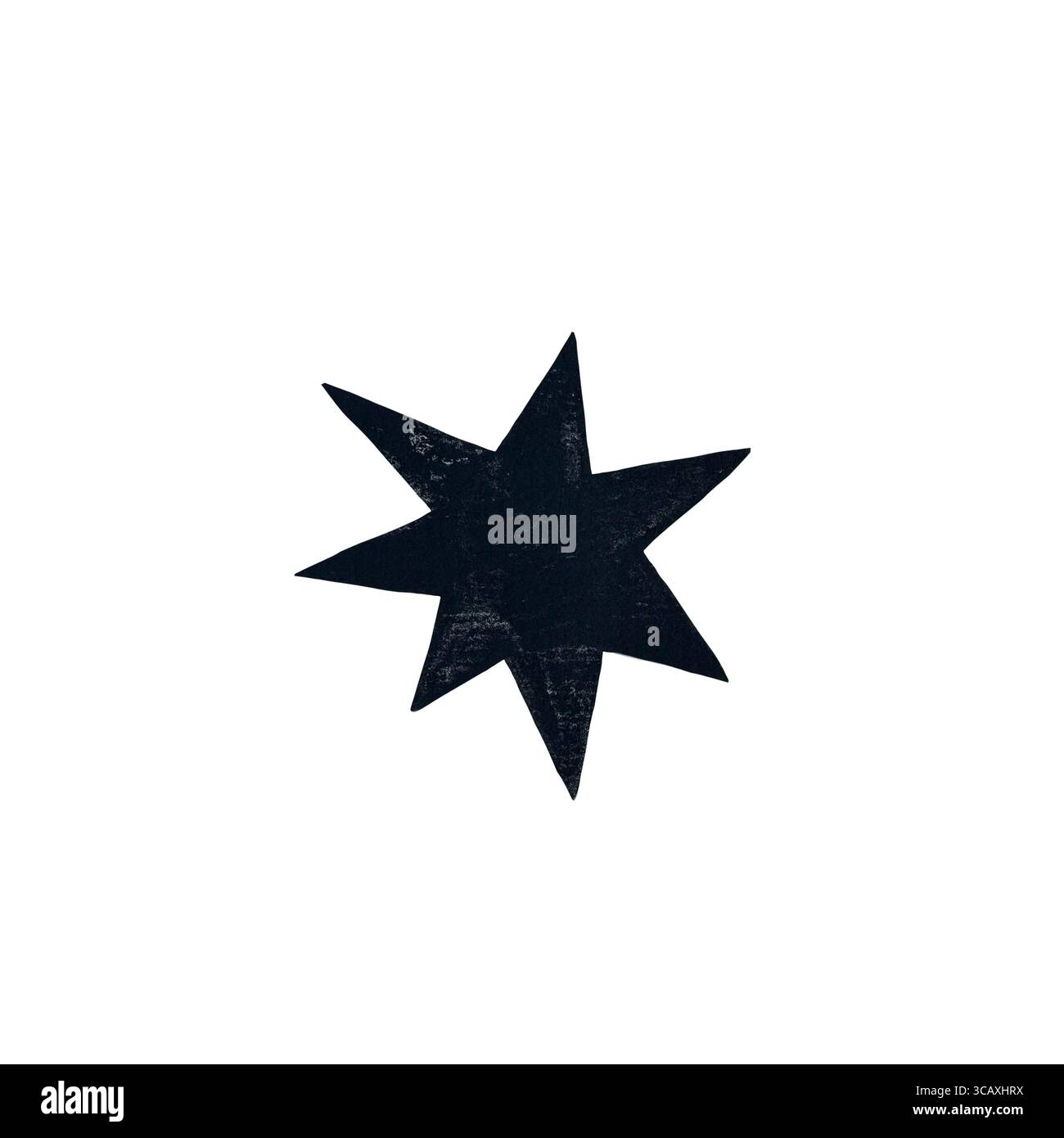 Eine Aquarellillustration eines stilisierten schwarzen Sterns auf weißem Hintergrund. Dieses minimalistische und auffällige Design kombiniert Einfachheit mit auffälligen Kontrasten, Stockfoto