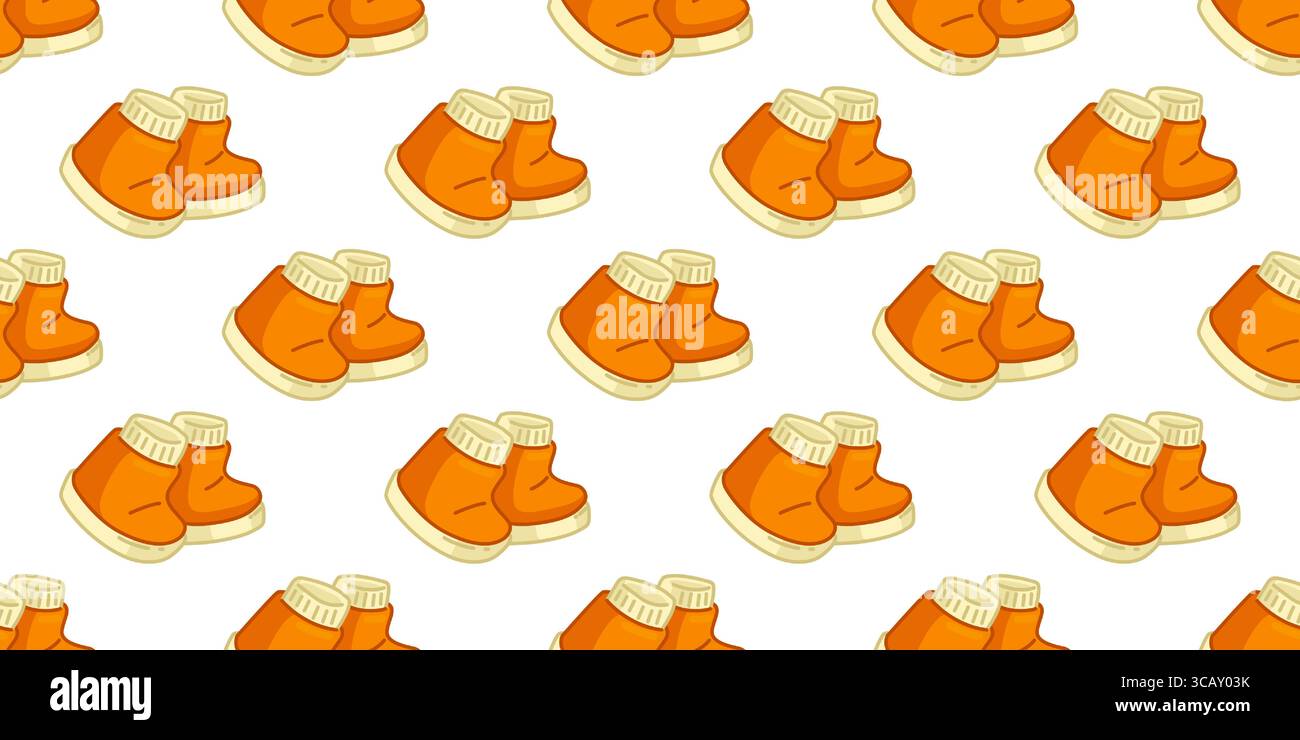 Nahtloses Cartoon-Muster Für Herbstliche Schuhe. Orangefarbene Herbstschuhe im flachen Cartoon-Stil. Nahtloses, saisonales Schuhmuster auf weißem Hintergrund. Stock Vektor
