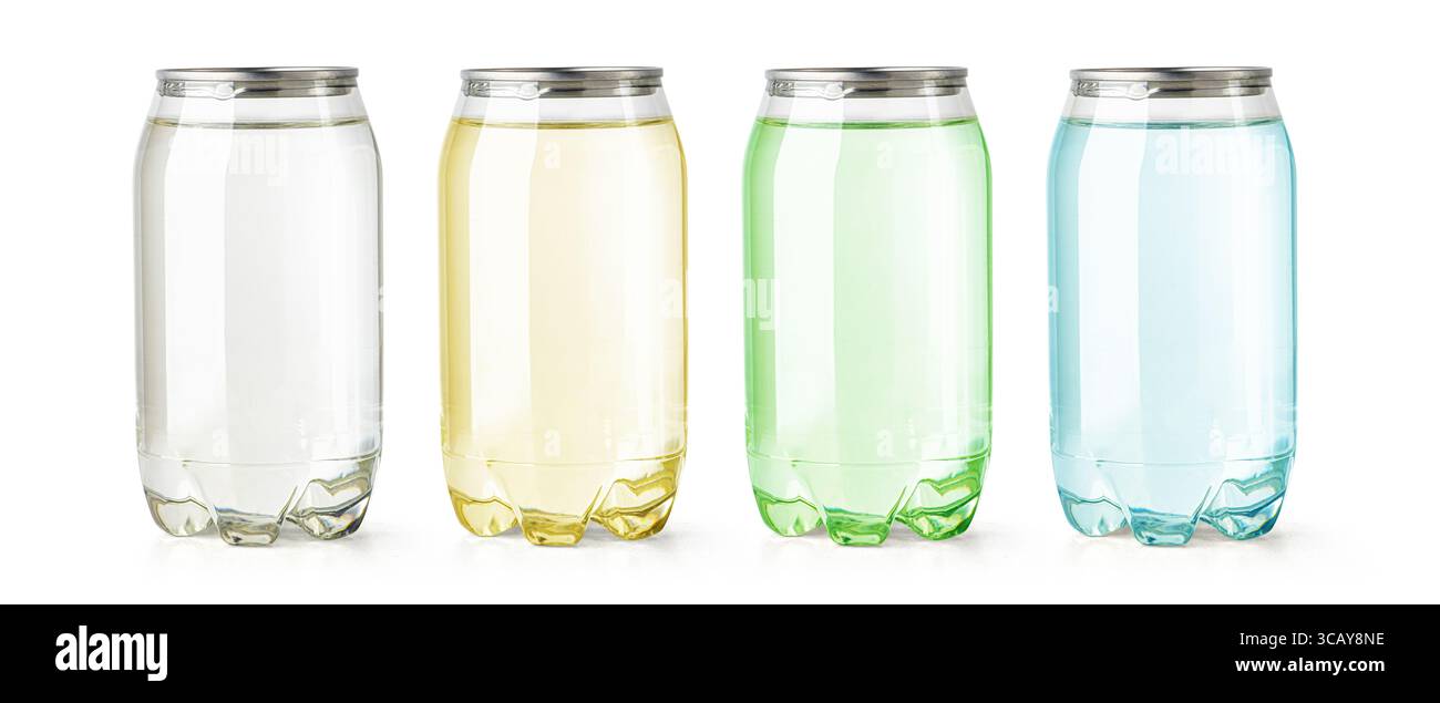 Vier farbenfrohe Soda-Dosen, gefüllt mit klarer Flüssigkeit, bieten eine erfrischende Vielfalt an Aromen, stehen vor einem sauberen weißen Hintergrund Stockfoto
