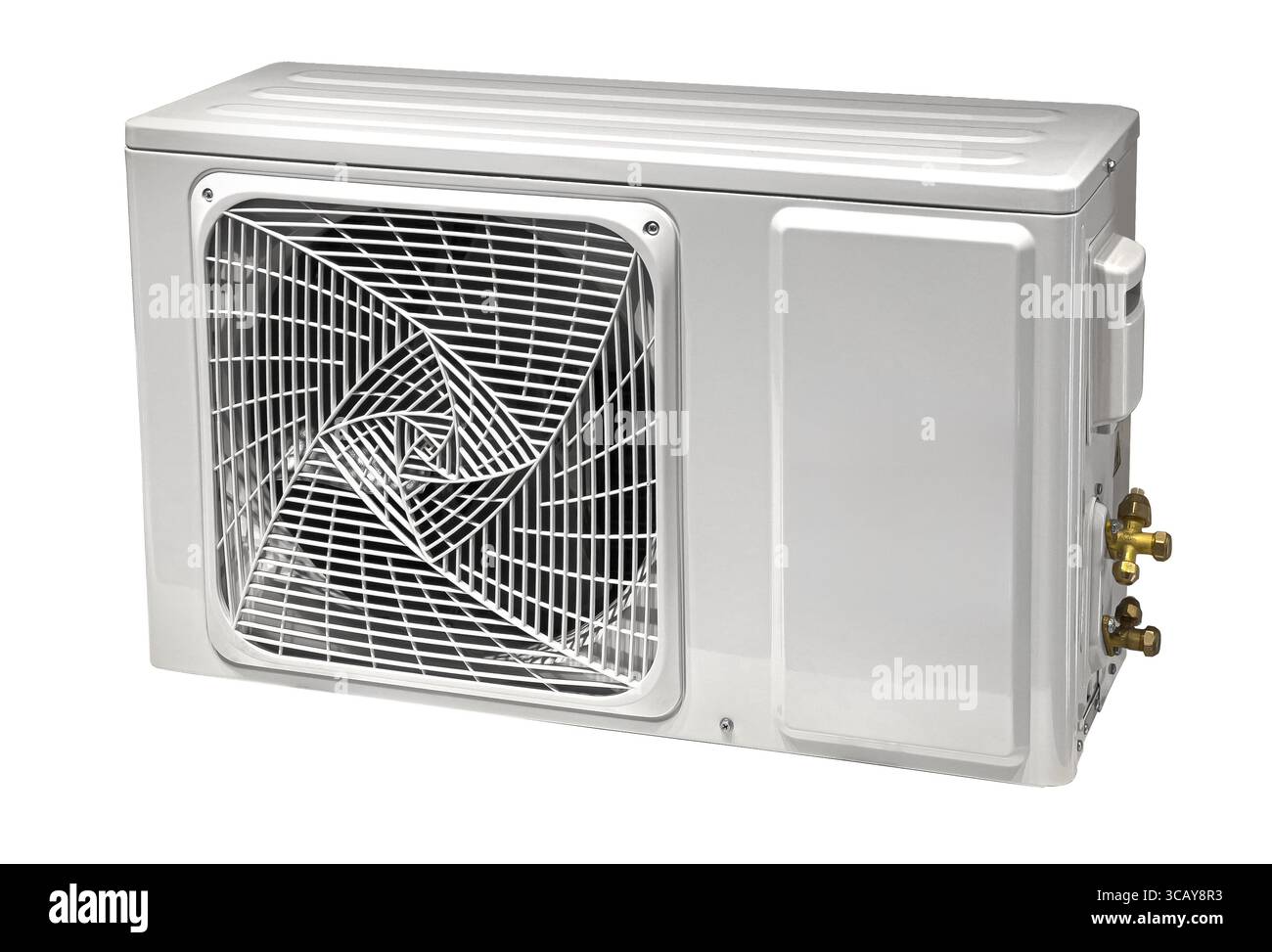 Externe Einheit einer Klimaanlage, isoliert auf weißem Hintergrund, bereit zur Installation Stockfoto
