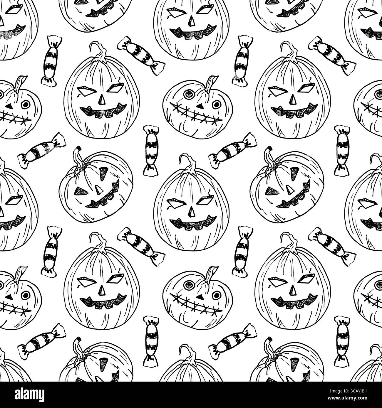 Ein festliches Muster von handgezeichneten Kürbissen und Süßigkeiten. Ein nahtloses Muster mit gruselig lächelnden Kürbissen, Trick or Treat. Verpackungs-, Textil- und Papierdesign. Stock Vektor