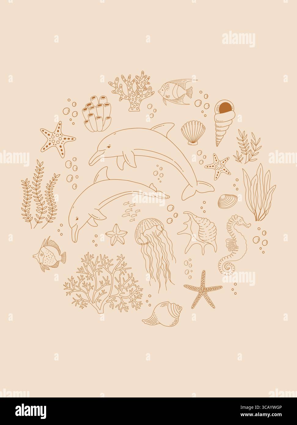 Vektorset mit Delfinen und Meereslebeelementen im Linienstil. Wunderschönes Unterwassertier-Vintage-Poster. Sommerdruck im Retro-Look. Fische, Quallen, Muscheln Stock Vektor