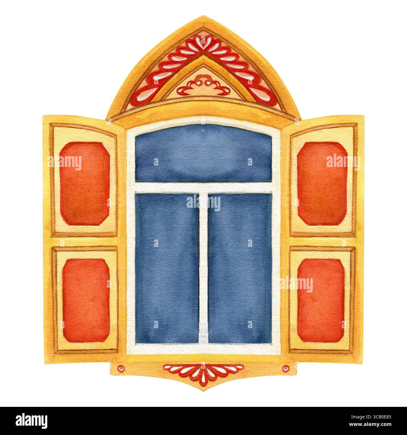 Aquarell Illustration Fenster Vintage Rahmen mit offenen Fensterläden, vertikal. Altes rustikales Fenster. Handgezeichnete Aquarellillustration isoliert auf weiß Stockfoto