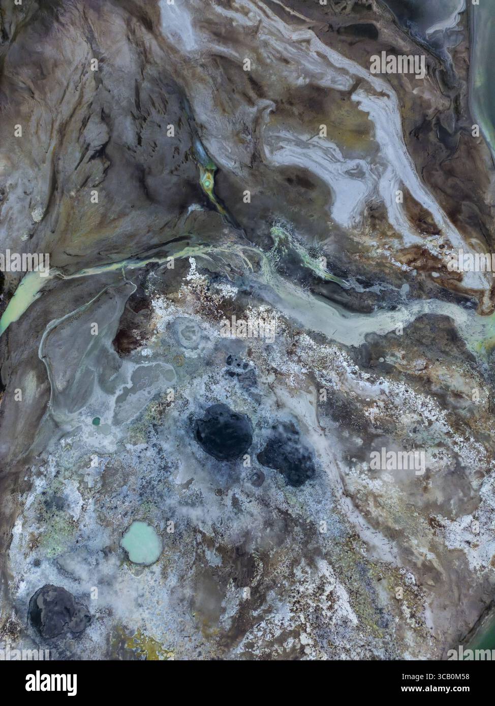Aus der Vogelperspektive die abstrakte Leinwand der Natur mit Erdbräunen, kräftigen Weißtönen und Anklängen von smaragdgrünem Grün in einer geothermischen Landschaft, Rotorua, Waikato, Neuseeland. Stockfoto