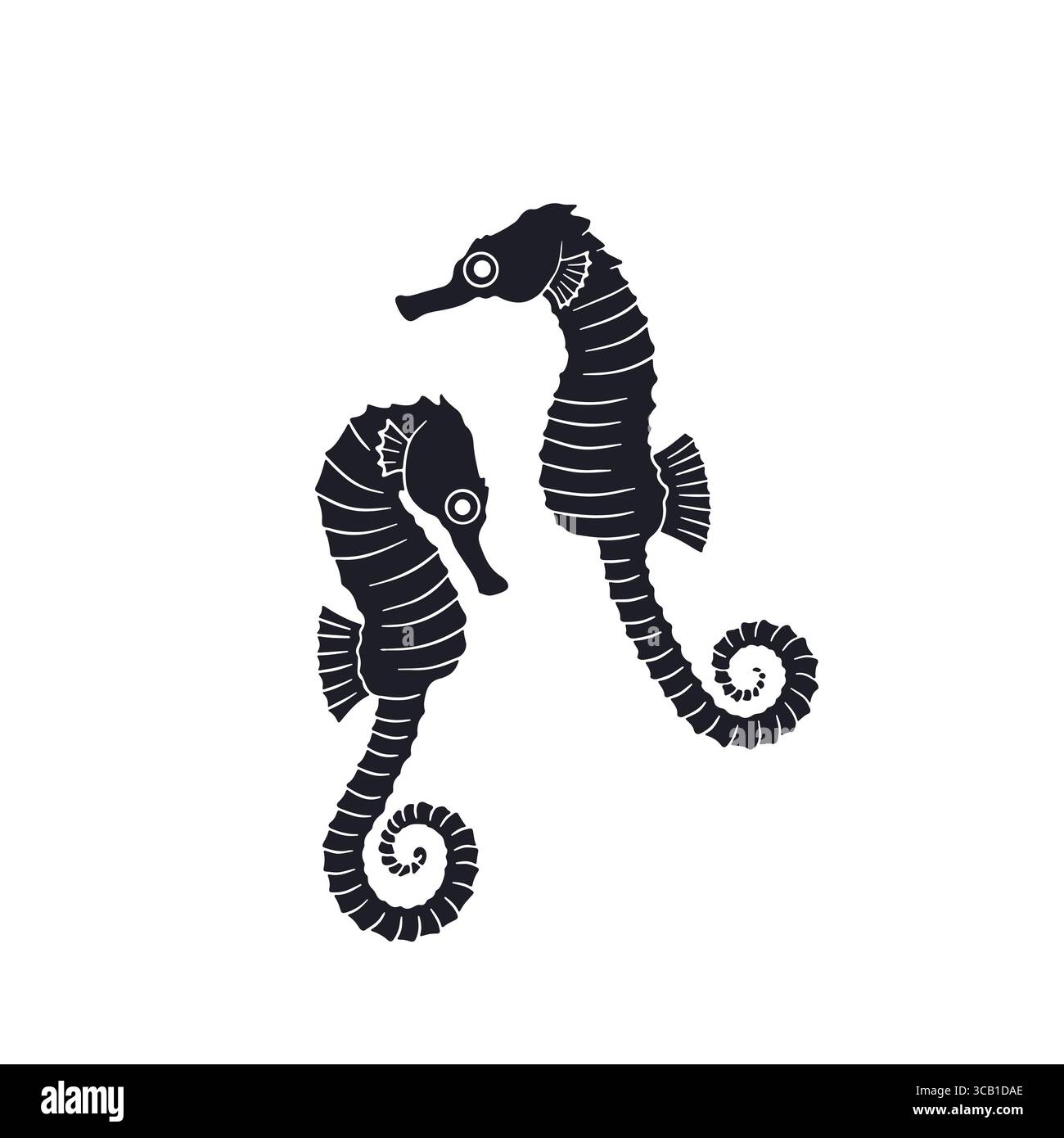 Doodle Seepferd Paar Clipart Hand gezeichnete monochrome Vektor-Illustration. Niedliches Design mit schwarzer Tinte und tropischem Fisch Stock Vektor