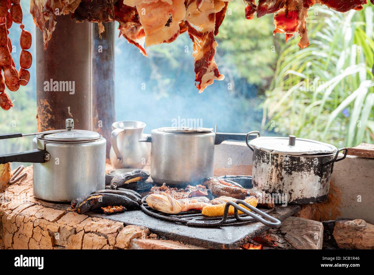 Rustikaler kolumbianischer Holzofen in Nahaufnahme mit Dampftöpfen und verschiedenen Fleischgerichten, die über offener Flamme gegrillt werden. Authentische ländliche Kochszene mit Stockfoto