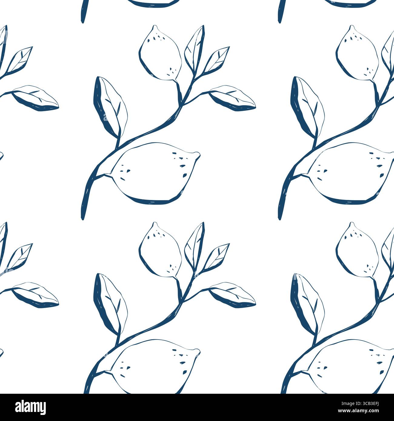 Nahtlos handgezeichnetes Muster von Zitronenzweigen in modernem Blau-weiß-Farbschema für Stoff und Verpackung Stock Vektor