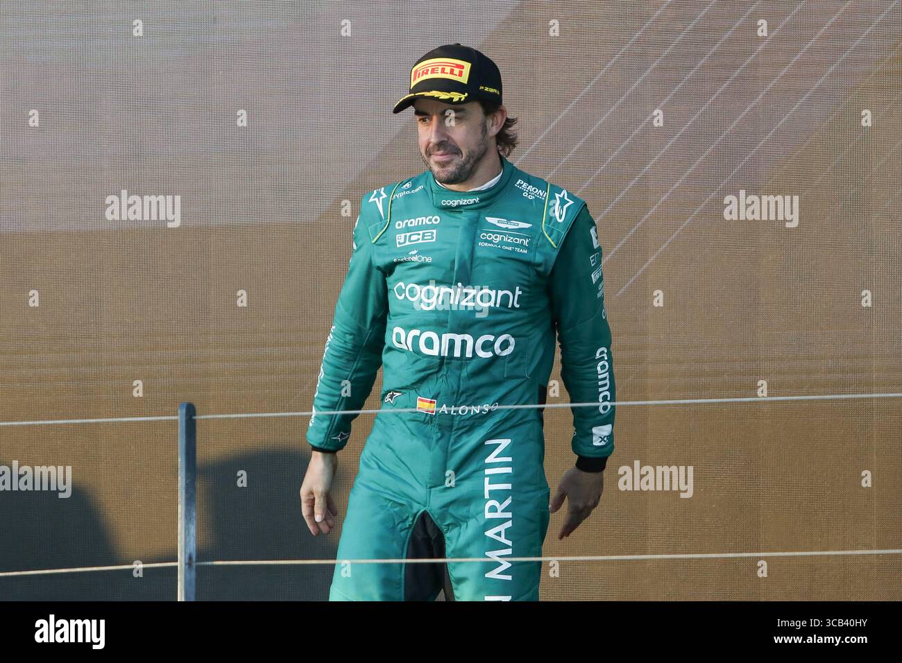 2. April 2023: Der spanische Fahrer FERNANDO ALONSO feiert seinen Podestplatz nach dem Formel-1-Grand-Prix von Australien 2023 auf dem Albert Park Circuit in Melbourne am 02. April 2023 in Melbourne (Foto: © Christopher Khoury/Australian Press Agency via ZUMA Wire) Stockfoto
