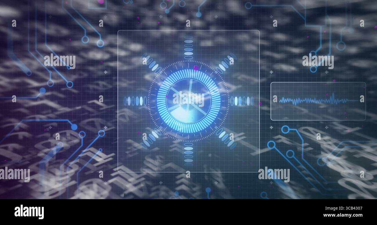 Frei bewegliche kreisförmige Schnittstelle mit Overlay-Wellenform, Gitterkurven, Symbolen und Pfeilen in Schaltungen Stockfoto