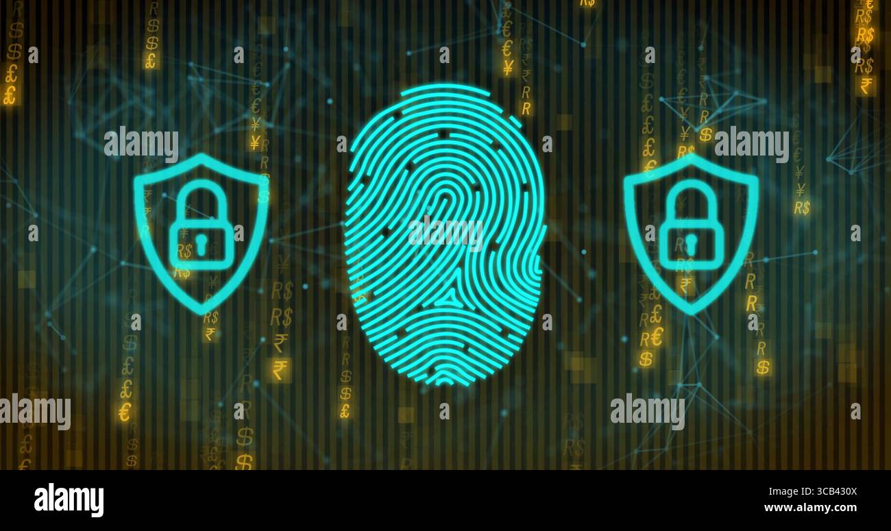 Anzeige von leuchtendem Cyan-Fingerabdruck in der Mitte des Cyber-Netzwerks, Vorhängeschlösser und Währungsschilder Stockfoto