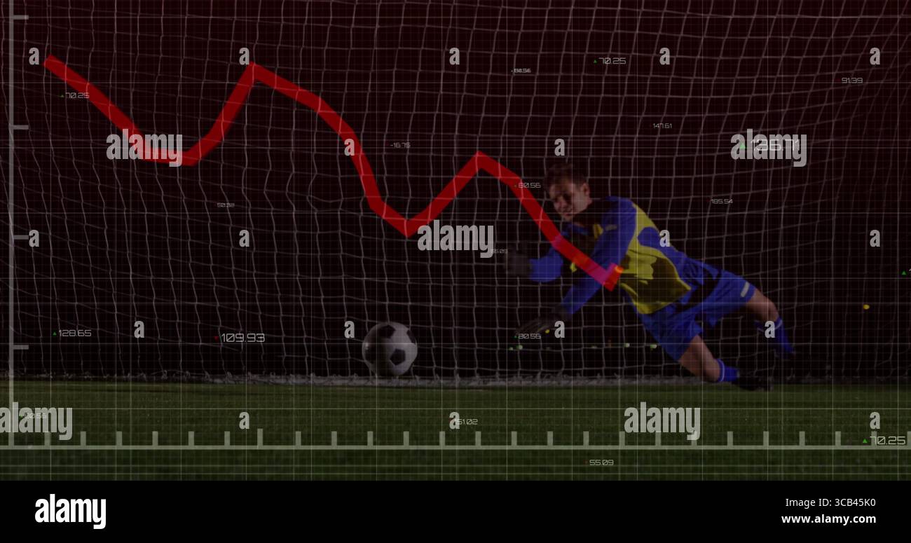Taucher Torhüter in blau gelber Uniform Blockschuss auf Rasen, mit Fußball, roter Grafik überlagert Stockfoto
