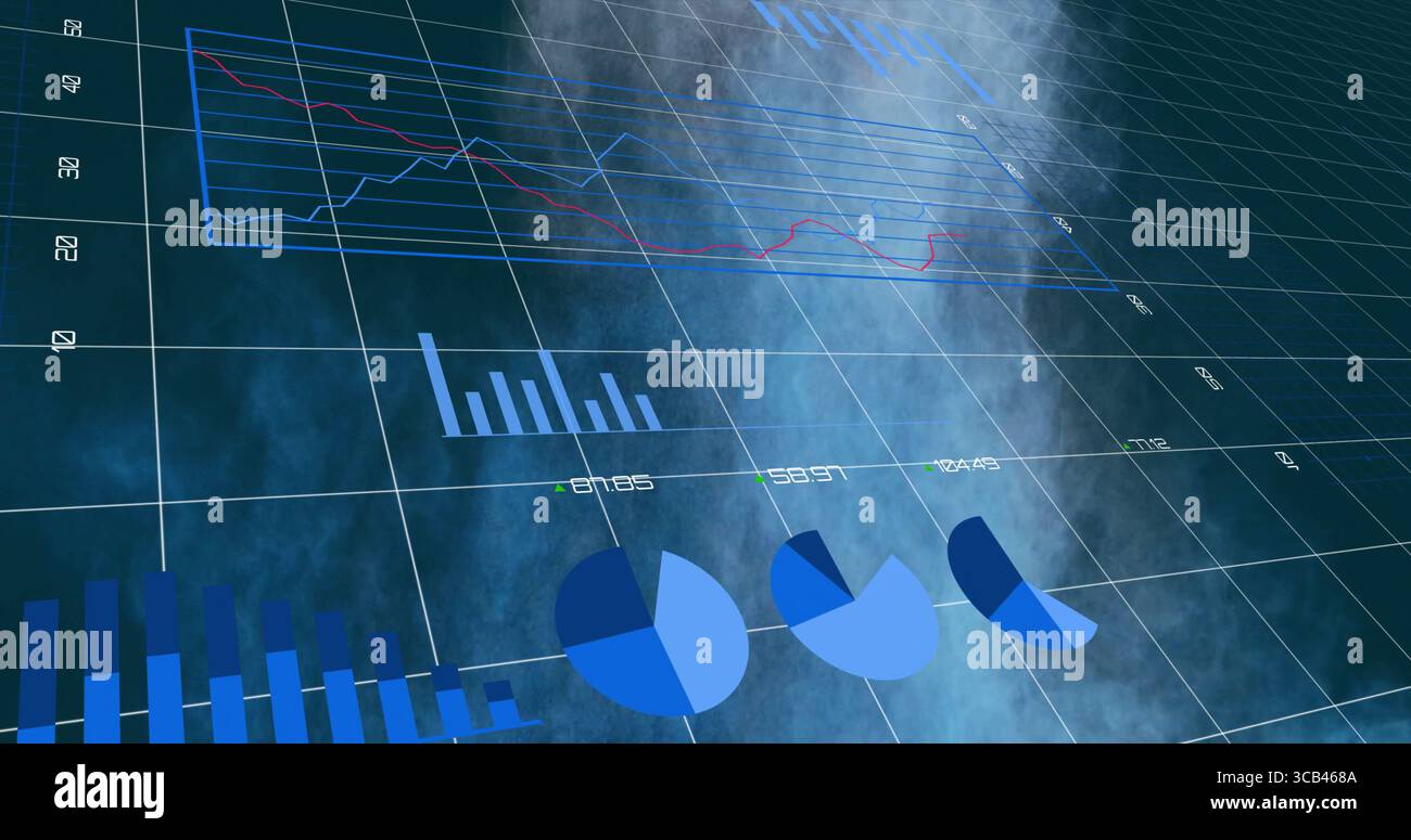 3D-Visualisierung mit Drahtmodelllinien-, Balken- und Kreisdiagrammen in blaublauem Raster mit Beschriftungen und Nebel Stockfoto