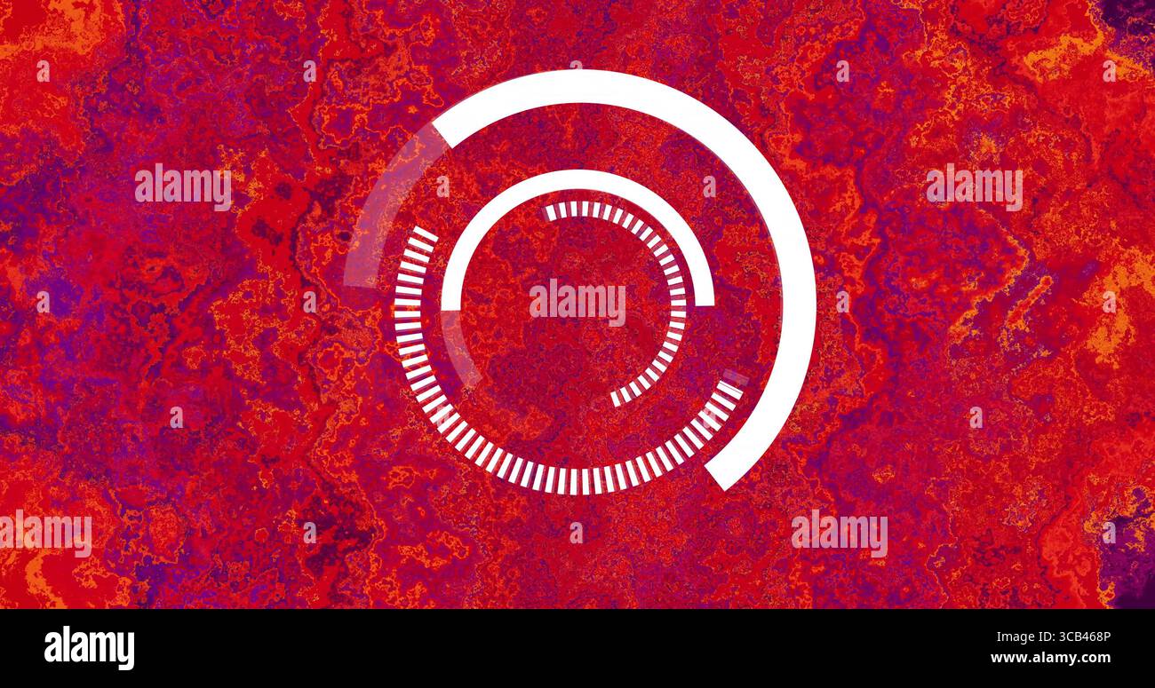 Mit weißem, kreisförmigem Fortschrittsindikator im digitalen Design, mit marmoriertem rotem und violettem Hintergrund Stockfoto