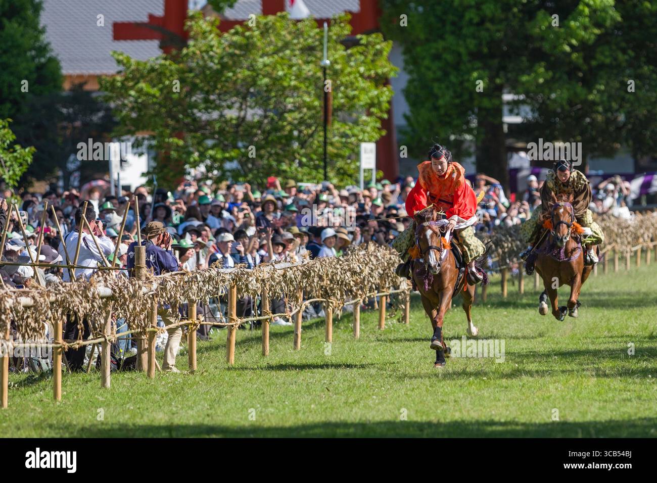 Pferderennen während des Kamo Kurabeum Festivals im Kamigamo-Schrein mit Reitern in aufwendigen Kostümen, umgeben von einem lebhaften Publikum, Kita Ward, Kyoto Stockfoto