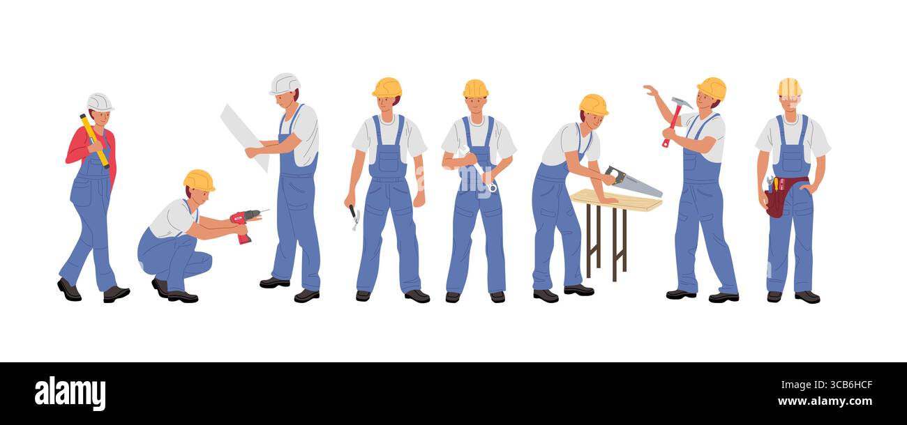Bauarbeiter haben tagsüber verschiedene Aufgaben auf einer Baustelle ausgeführt Stock Vektor