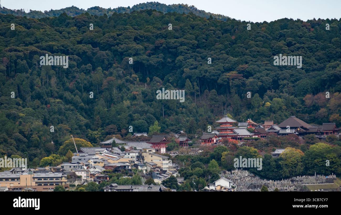 Blick aus der Vogelperspektive auf den buddhistischen Tempelkomplex Kiyomizu-dera, eingebettet zwischen üppig grünen bewaldeten Hügeln, der kulturelle und architektonische Harmonie in der Natur zeigt. Stockfoto