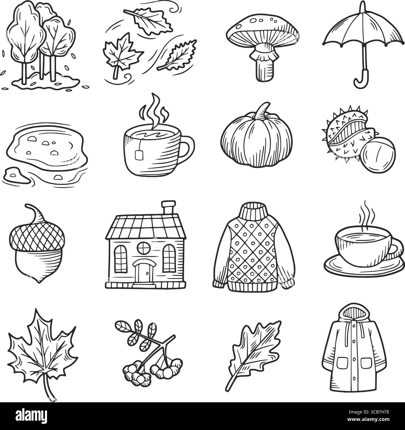 Gemütliche Herbstsymbole, die die Herbstsaison mit warmer Kleidung und heißen Getränken repräsentieren Stock Vektor