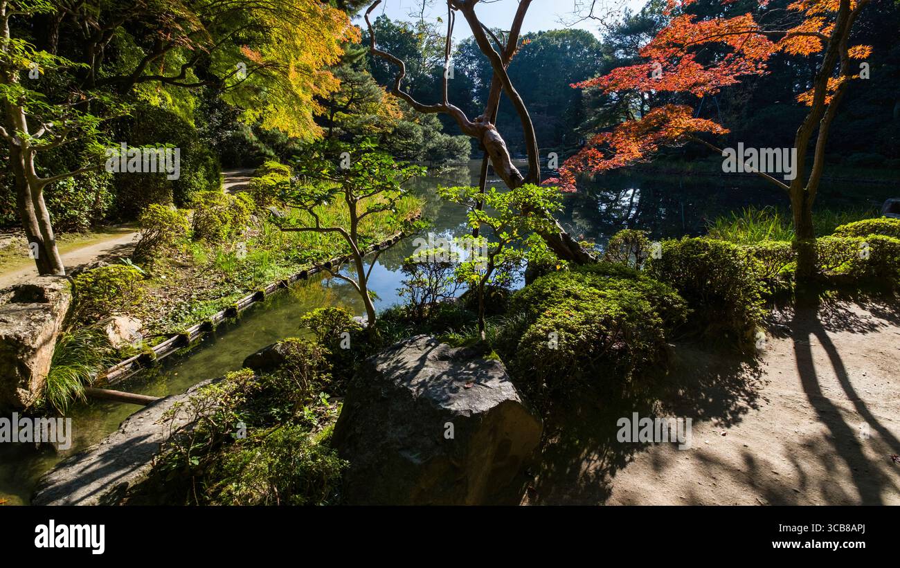 Heian Shrine Garden mit lebhaftem Herbstlaub, üppigem Grün und einem ruhigen Teich, der eine malerische und friedliche Atmosphäre schafft Stockfoto