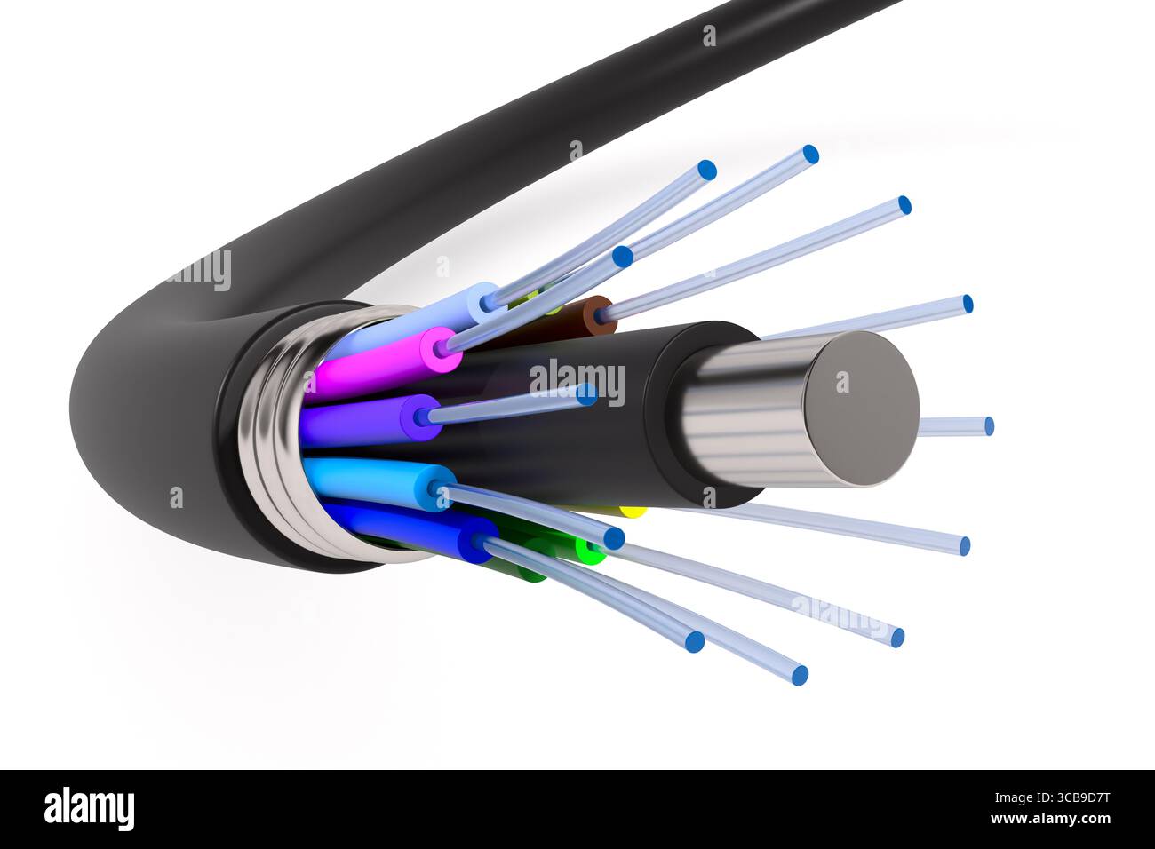 Glasfaserkabel auf weißem Hintergrund. Isolierte 3D-Darstellung Stockfoto Glasfaserkabel auf weißem Hintergrund. Isolierte 3D-Darstellung Stockfoto
