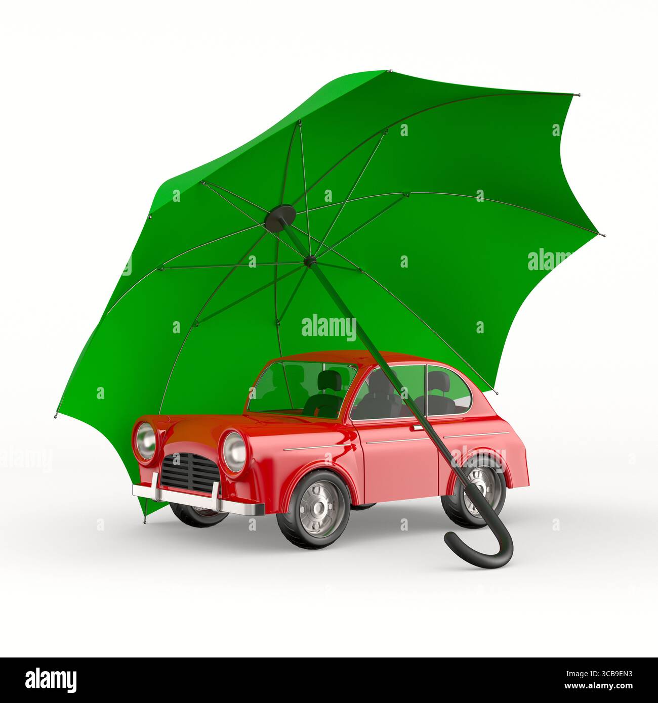 Auto unter Schirm auf weißem Hintergrund. Isolierte 3D-Darstellung Stockfoto