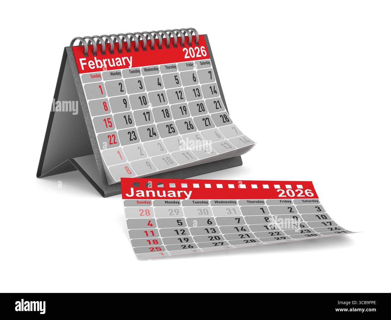 2026 Jahre. Kalender für Februar. Isolierte 3D-Darstellung Stockfoto