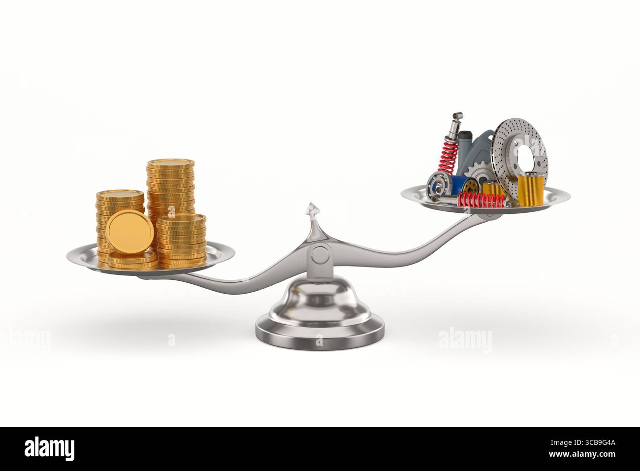 Geld und Ersatzteile in großem Maßstab. Isolierte 3D-Illustration auf weißem Hintergrund Stockfoto