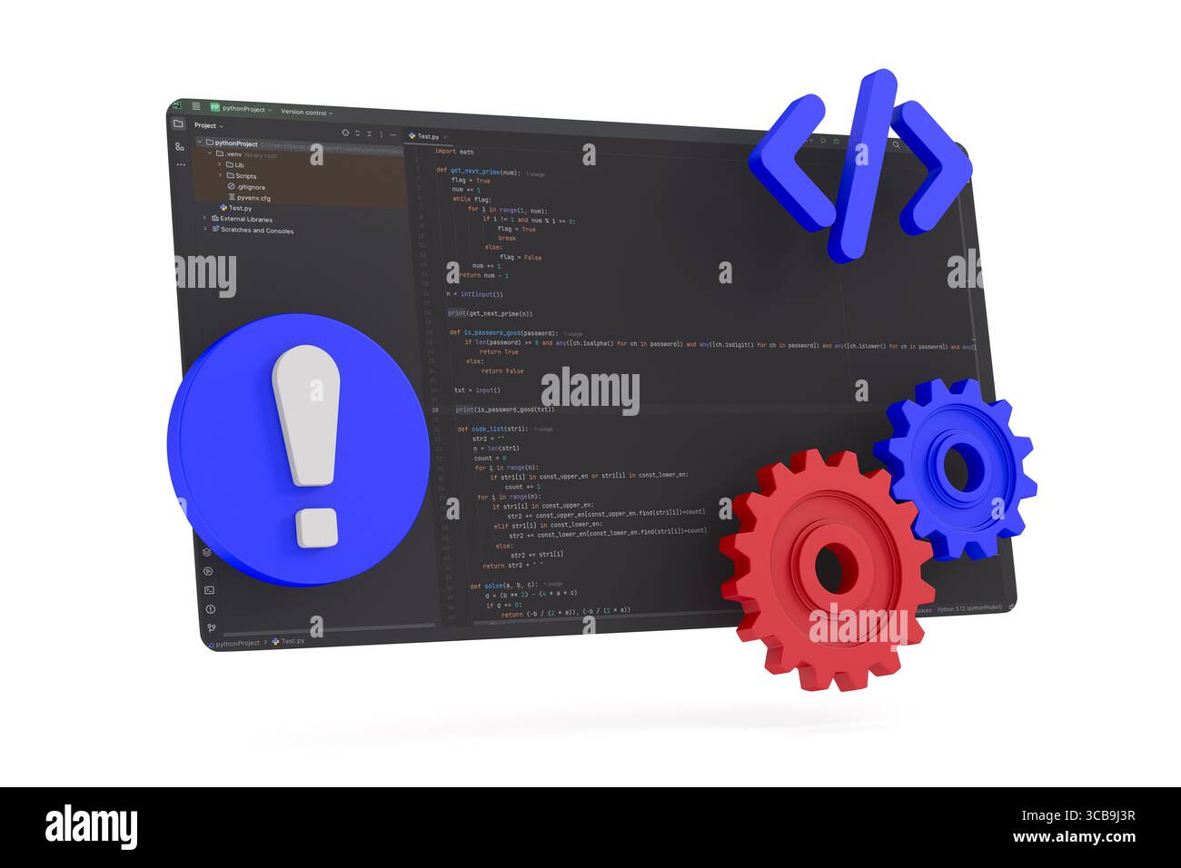 Quellcode wird auf weißem Hintergrund programmiert. Isolierte 3D-Abbildung Stockfoto