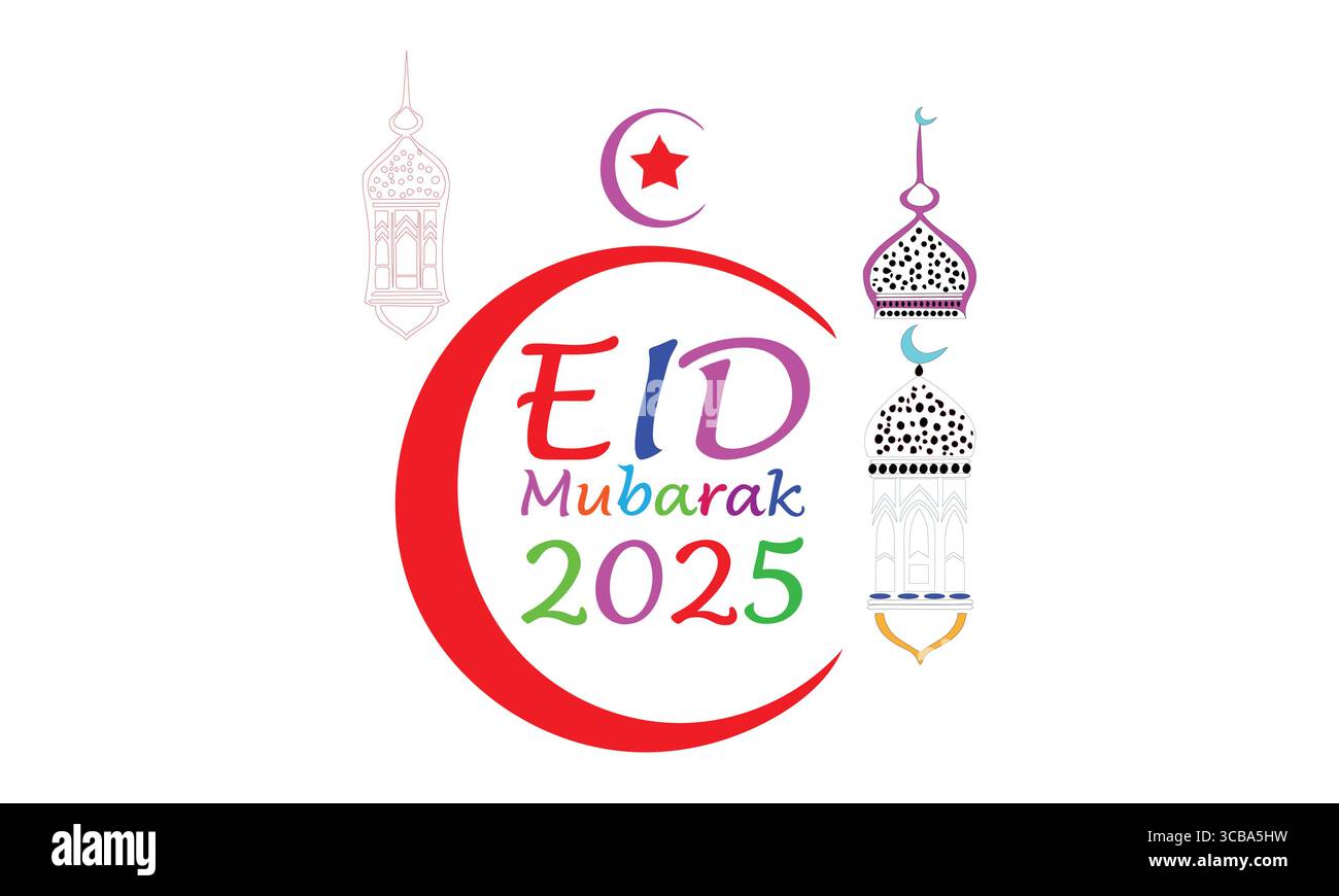 Farbenfrohe Eid Mubarak 2025 Gruß mit Mondsichel- und Laternen-Symbolen Stock Vektor