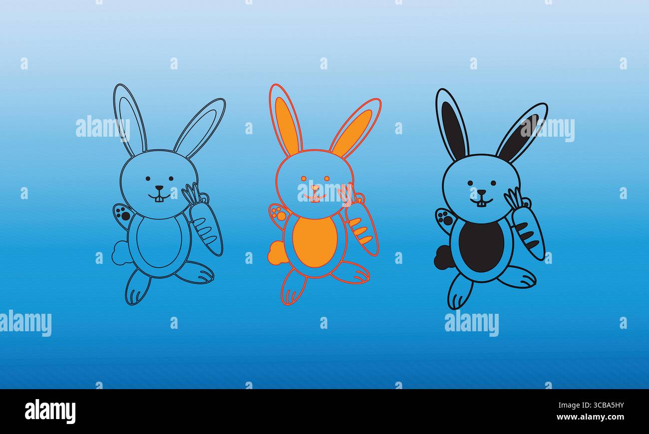 Niedliche Karikaturkaninchen in drei Farbvariationen auf blauem Hintergrund Stock Vektor