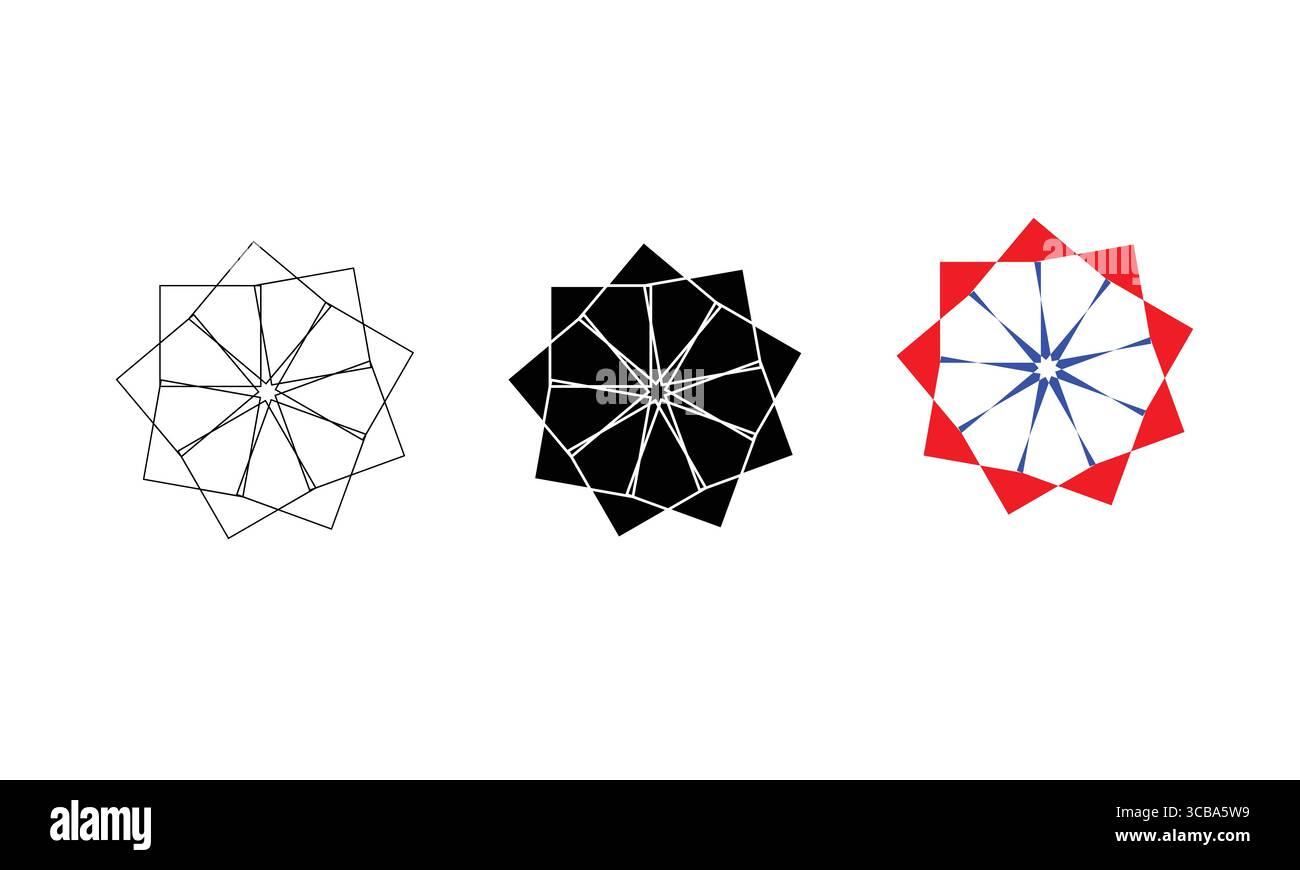 Geometrische Sternsymbole: Kontur, Schwarz und Bunte Stock Vektor