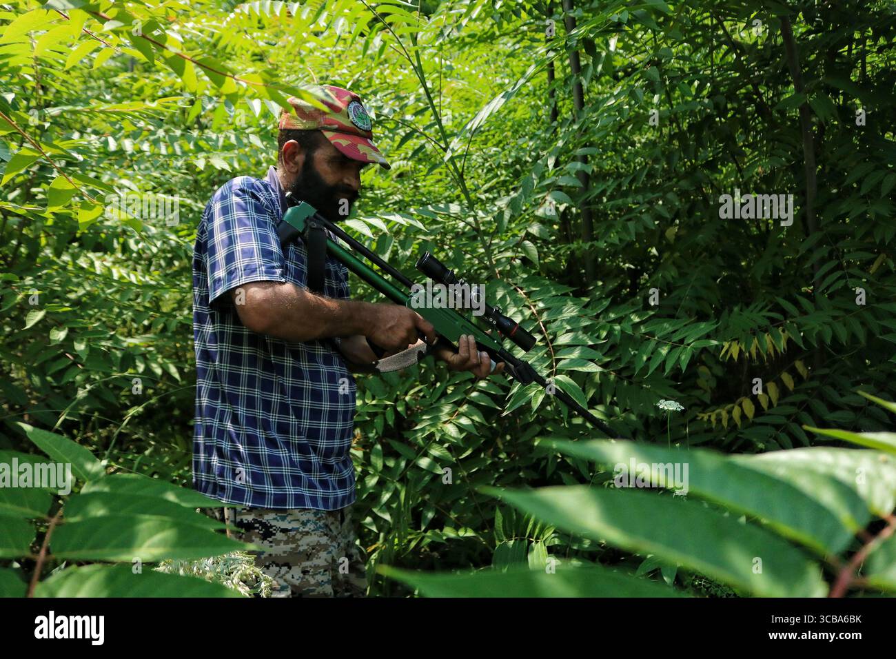 18. Juli 2023, Srinagar Kashmir, Indien: Ein Beamter des Department of Wildlife trägt eine Beruhigungswaffe, um einen Leoparden in der Gegend Hari Parbat in Srinagar zu fangen. Einheimische, die in der Gegend von Hari Parbat in Srinagar lebten, sagten, dass sie einen Leoparden gesehen hätten, der in der Gegend herumstreifte, was eine Panik unter den Menschen verursachte. Nach Angaben der Wildlife Department of Jammu and Kaschmir von 2006 bis Ende 2022 forderte der Human-Wildlife Conflict (HWC) in Kaschmir 242 Menschenleben, während 2940 Menschen bei solchen Vorfällen verletzt wurden. Am 18,2023. Juli in Srinagar Kaschmir, Indien. (Bild: © Firdous Nazir/ey Stockfoto