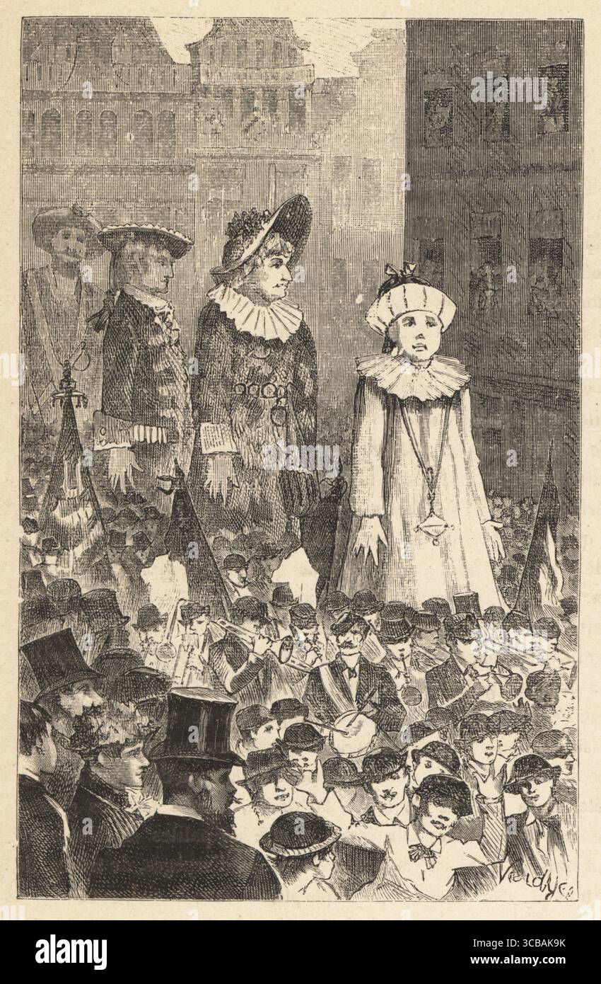Giant Parade in Brüssel, Belgien, 19. Jahrhundert. Eine riesige Menschenmenge begleitet eine Prozession von Musikbands, Standards und riesigen Figuren von mythischen Charakteren, lokalen Helden usw. La Promenade des Geants a Bruxelles. Holzschnitt von Valdyke aus Charles Delons Les Peuples de la Terre, Peoples of the Earth, Paris, 1890. Stockfoto