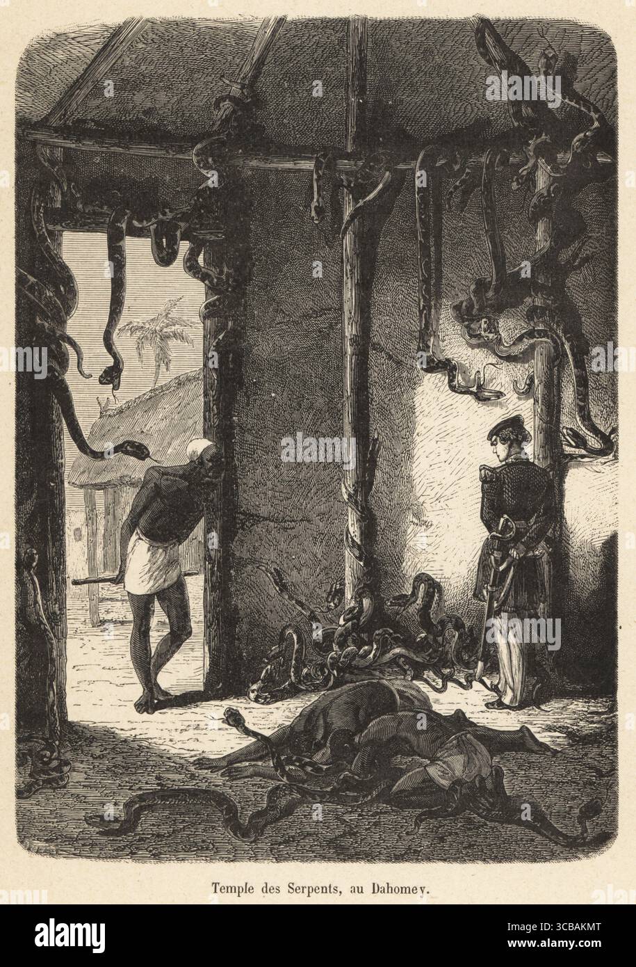Innenraum eines Schlangentempels in Dahomey, 19. Jahrhundert. Ein europäischer Soldat schaut auf ein Schlangennest, während zwei einheimische Männer auf dem Boden anbeten. Ein Schlangentempel im Dangbe-Kult oder Python-Religion in Whydah, Dahomey (Benin). Temple des Serpents au Dahomey. Holzschnitt aus Charles Delons Les Peuples de la Terre, Peoples of the Earth, Paris, 1890. Stockfoto
