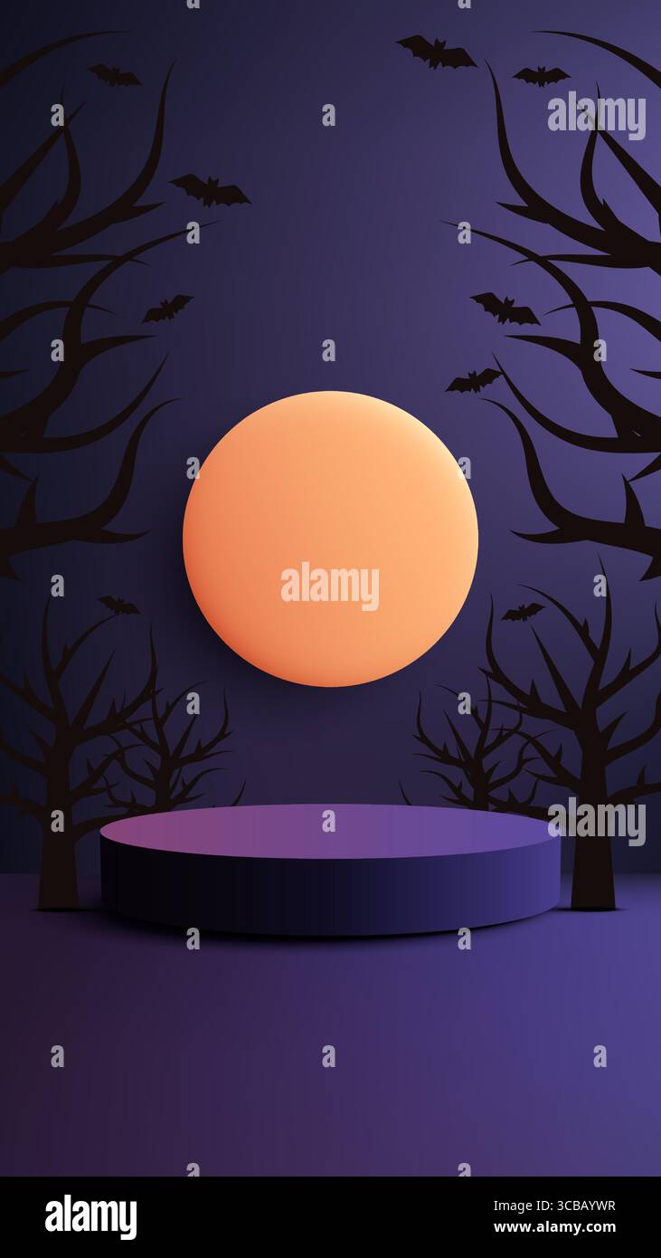 Gruseliges halloween-Mockup mit einem lila Zylinder Podium vor einem leuchtenden orangefarbenen Mondhimmel, fliegenden Fledermäusen und unheimlichen Bäumen. Ideal für saisonale p Stock Vektor