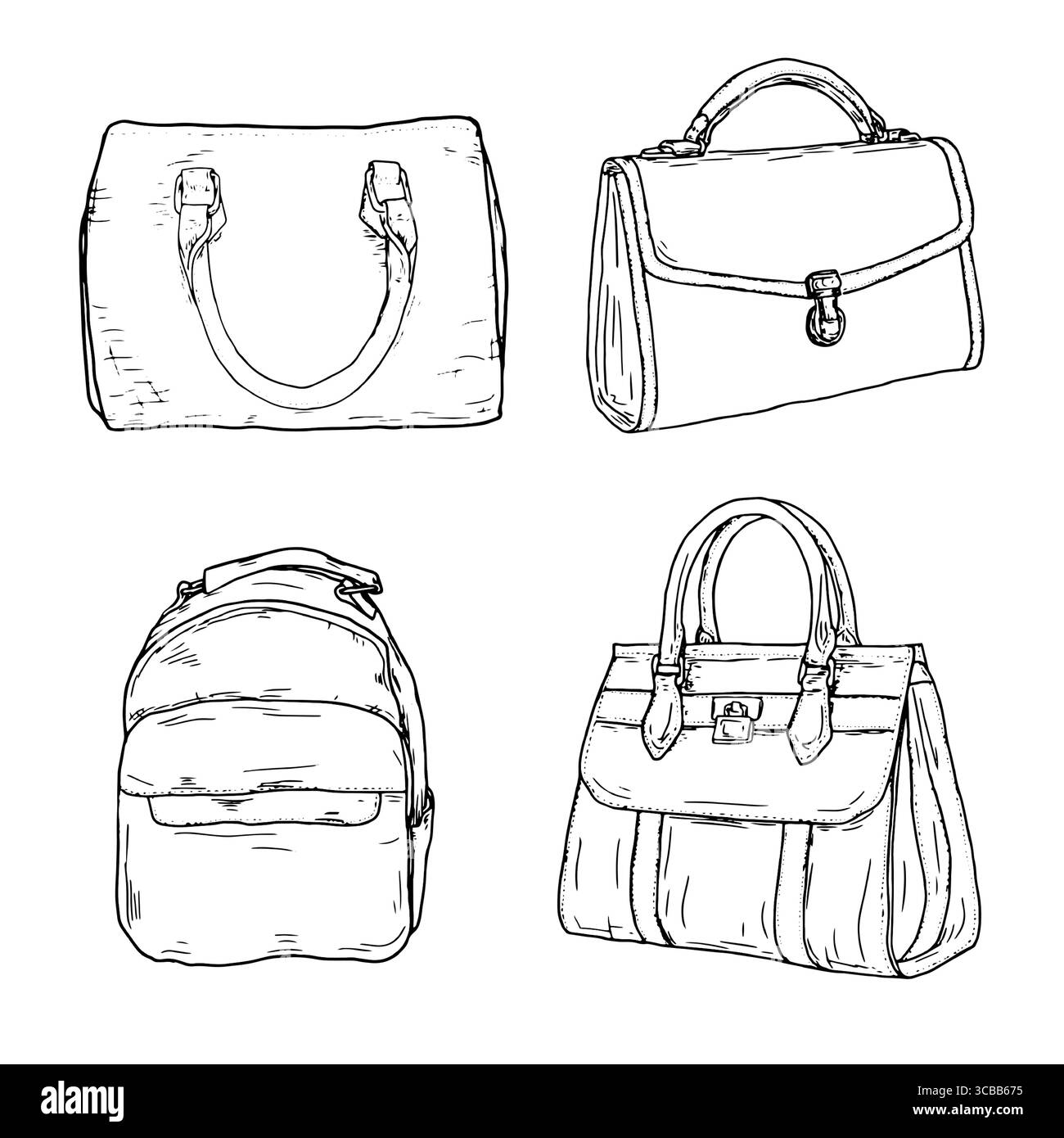 Modische Damenhandtaschen, ein Set aus Silhouetten in schwarz-weißer Tinte. Vektorabbildung. Verschiedene Arten von stilvollen Taschen, Umhängetaschen, Hobo Stock Vektor