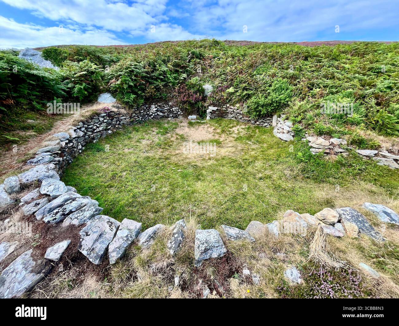 Die Überreste der Holyhead Mountain Hut Group, auch bekannt als Cytiau'r Gwyddelod (die Hütten der Iren) auf Holy Island, Anglesey. Stockfoto