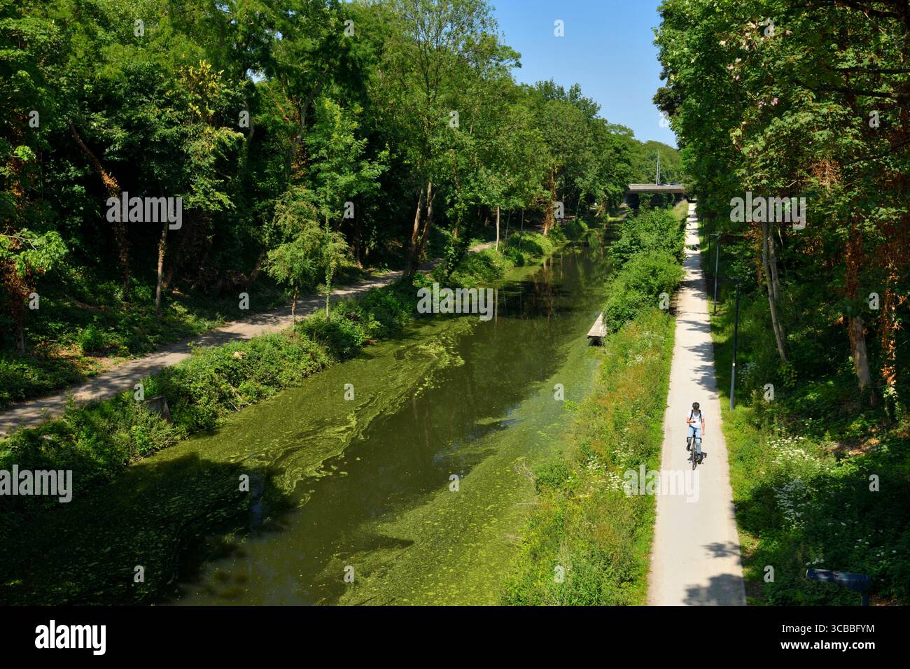 Wasquehal, der Roubaix-Kanal, ursprünglich 1828 gebaut, wurde restauriert und 2009 wieder für die Schifffahrt geöffnet, Radfahrer auf dem Schleppweg Stockfoto