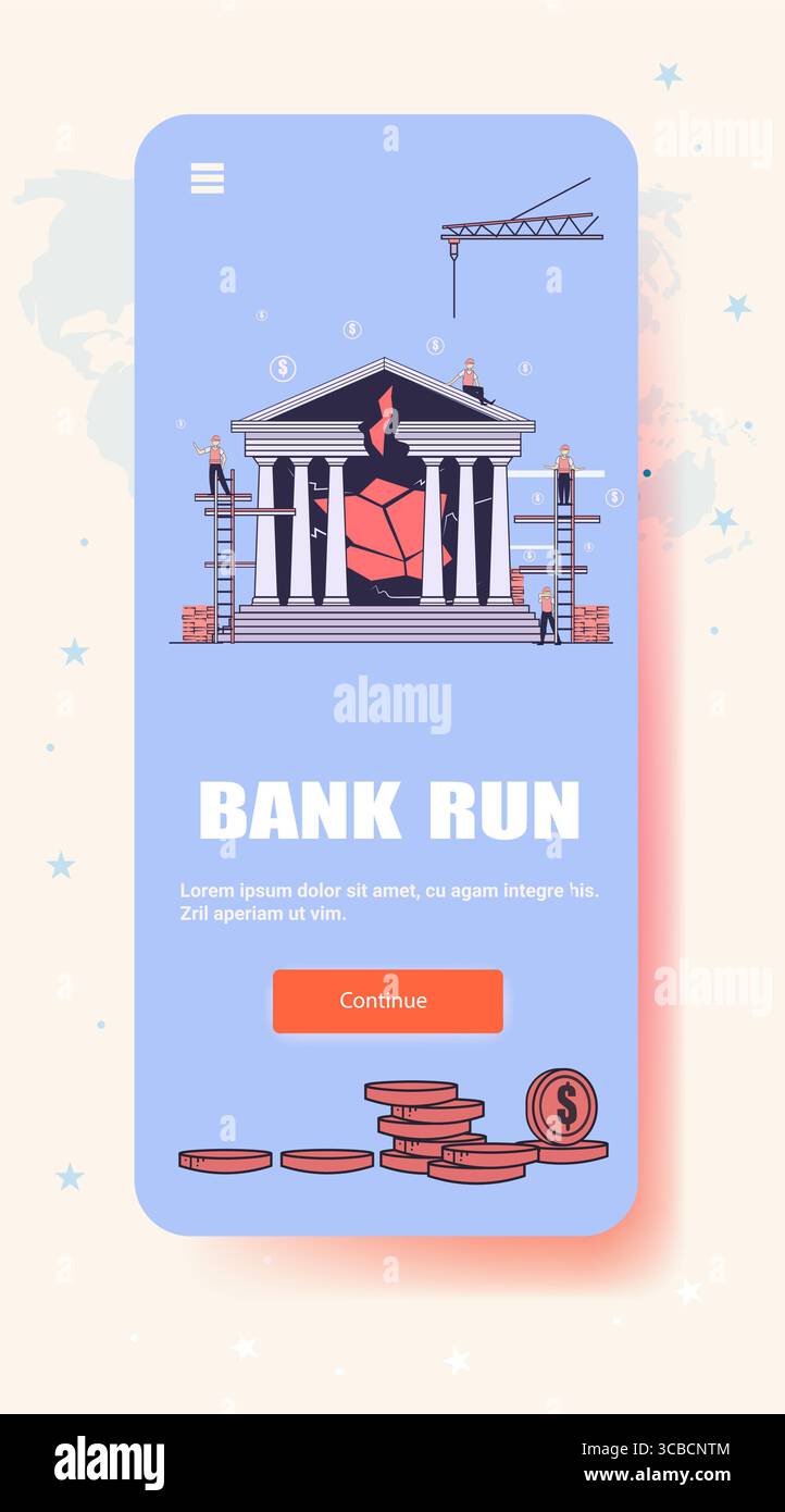 Bank laufende Finanzkrise kaputte Bank Bauarbeiter Gerüstbau Münzen Kran beschädigte Struktur wirtschaftliche Rezession Landing Page Stock Vektor