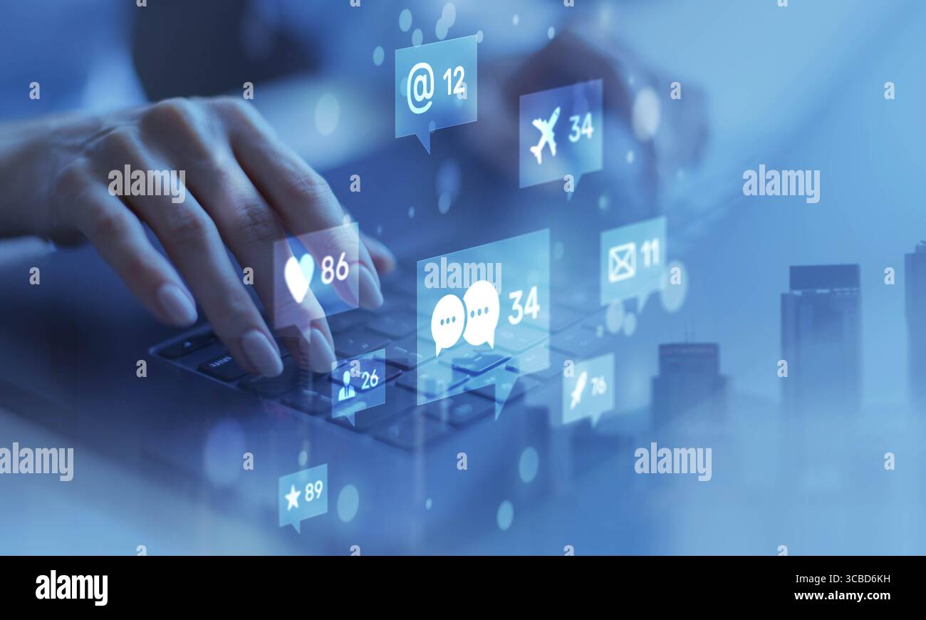 Kommunikation in sozialen Medien und digitale Interaktion. Stockfoto