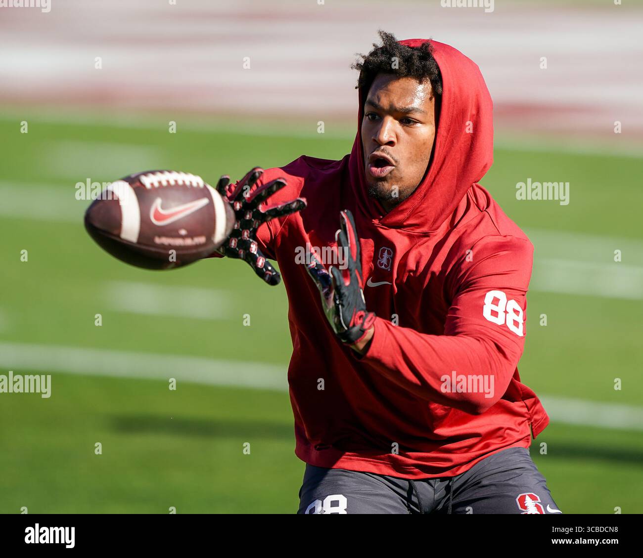 28. Oktober 2023, Stanford, Kalifornien, USA: Stanford Cardinal Tight End C.J. HAWKINS (88) beim Vorspiel für das NCAA-Spiel Washington Huskies vs Stanford Cardinal im Stanford Stadium. (Bild: © Jose Moreno/ZUMA Press Wire) Stockfoto