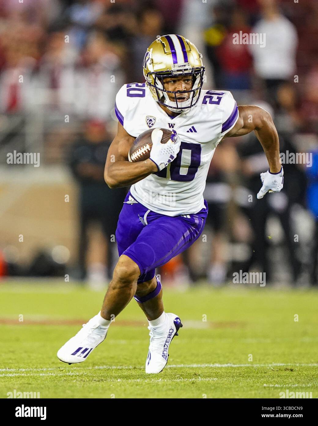 28. Oktober 2023, Stanford, Kalifornien, USA: Washington Huskies Running Back TYBO ROGERS (20) stürmt sich im dritten Quartal beim NCAA-Fußballspiel Washington Huskies gegen Stanford Cardinal im Stanford Stadium um den ersten Rückstand. (Bild: © Jose Moreno/ZUMA Press Wire) Stockfoto