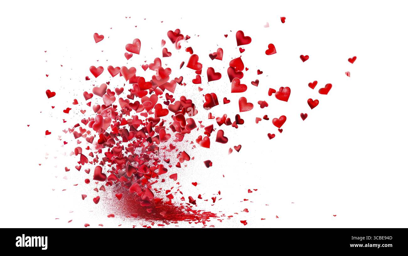 Rote Herzen Explosionswolke, leuchtende Farbe Konfetti Spritzen, Liebe und Emotion, Herzpartikel, valentinstag, isolierter weißer Hintergrund Stockfoto