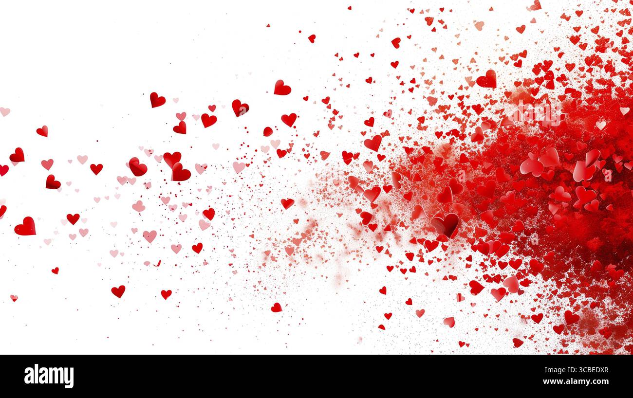 Rote Herzen Explosionswolke, leuchtende Farbe Konfetti Spritzen, Liebe und Emotion, Herzpartikel, valentinstag, isolierter weißer Hintergrund Stockfoto