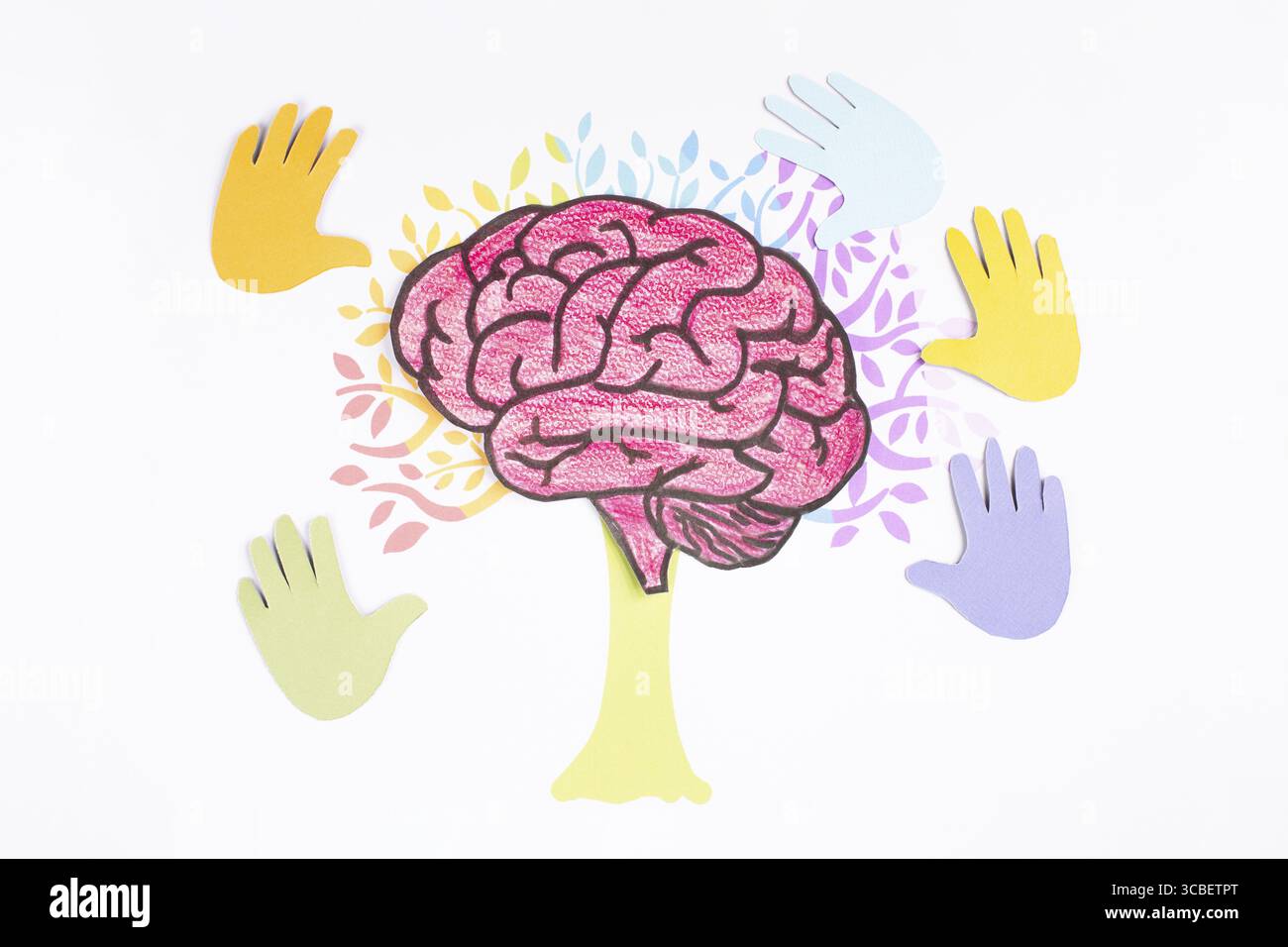 ADHS, Aufmerksamkeitsdefizit Hyperaktivitätsstörung, psychische Gesundheit, bunte Hände des Kindes, Hirnbaum mit kognitiven Schwierigkeiten Stockfoto