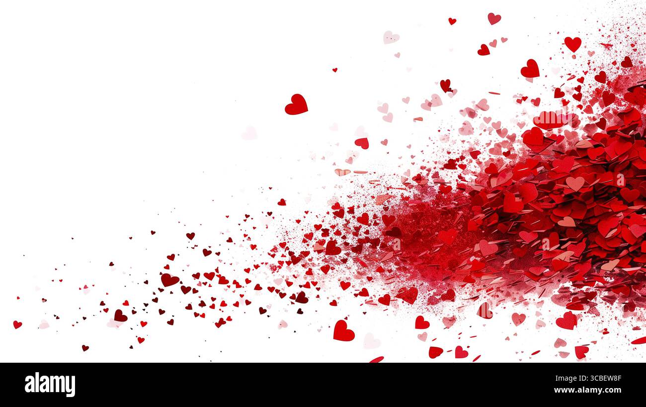 Rote Herzen Explosionswolke, leuchtende Farbe Konfetti Spritzen, Liebe und Emotion, Herzpartikel, valentinstag, isolierter weißer Hintergrund Stockfoto