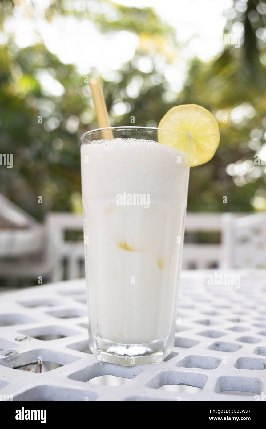 Zitronenginger Lassi auf einem Tisch, Erfrischung in Indien, kalter Milchjoghurt, traditioneller indischer Smoothie Stockfoto