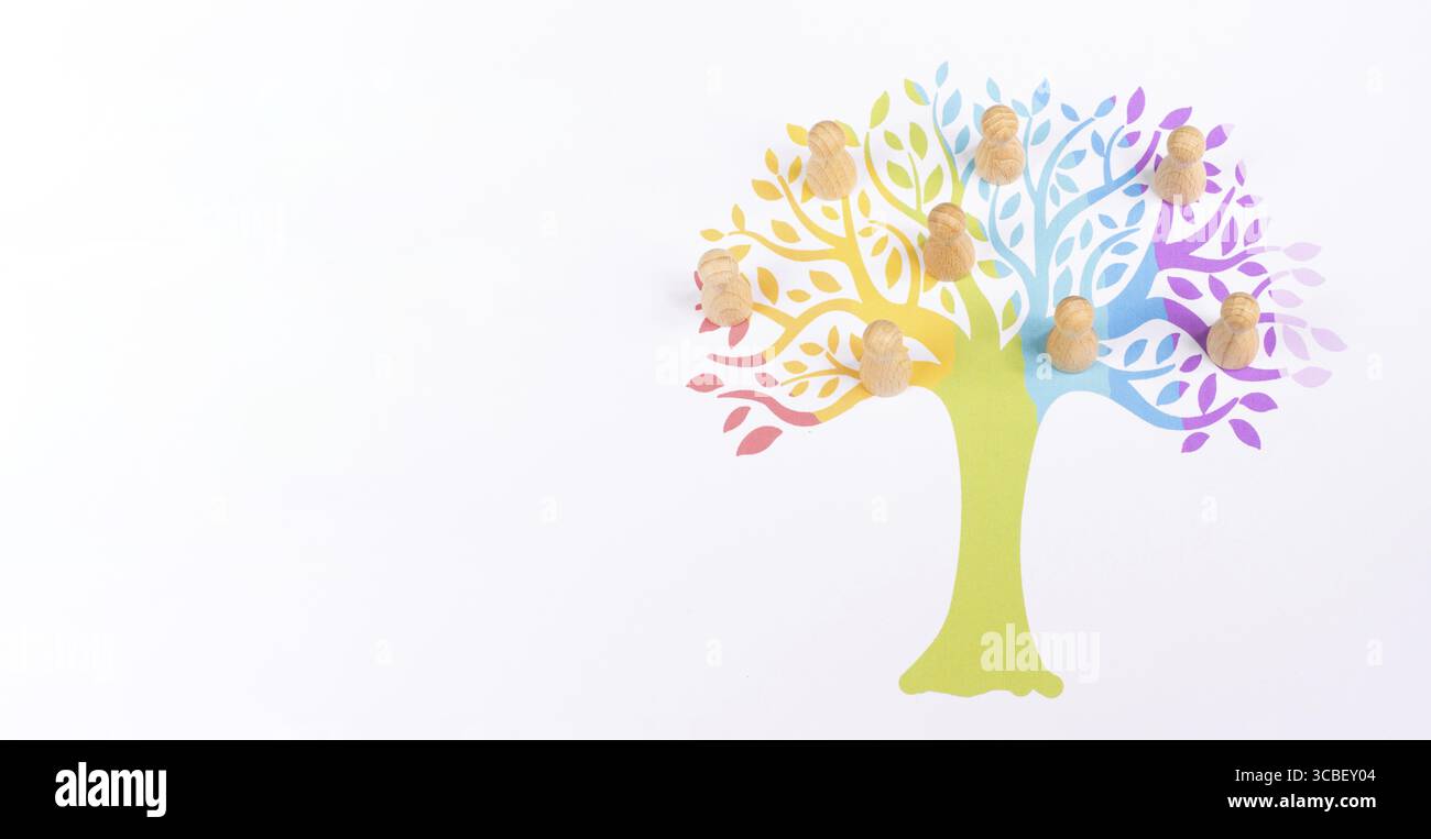 Bunter Baum, Menschen, geistige Gesundheit, positive Einstellung und Inspiration, kreatives Denken Geist, persönliche Entwicklung, Vielfalt und Gleichheit Stockfoto
