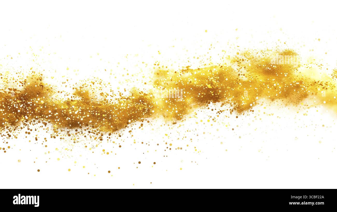 Goldene Sterne und Glitzer-Explosionswolke, Konfetti-Spritzer, funkelnder verstreuter Sternenstaub und -Partikel, isolierter weißer Hintergrund Stockfoto