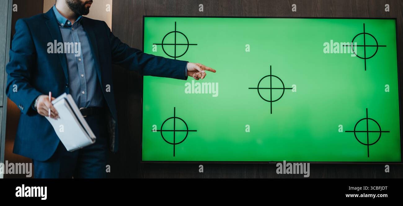 Business Professional präsentiert in einem modernen Büro mit Betonung visueller Elemente Stockfoto