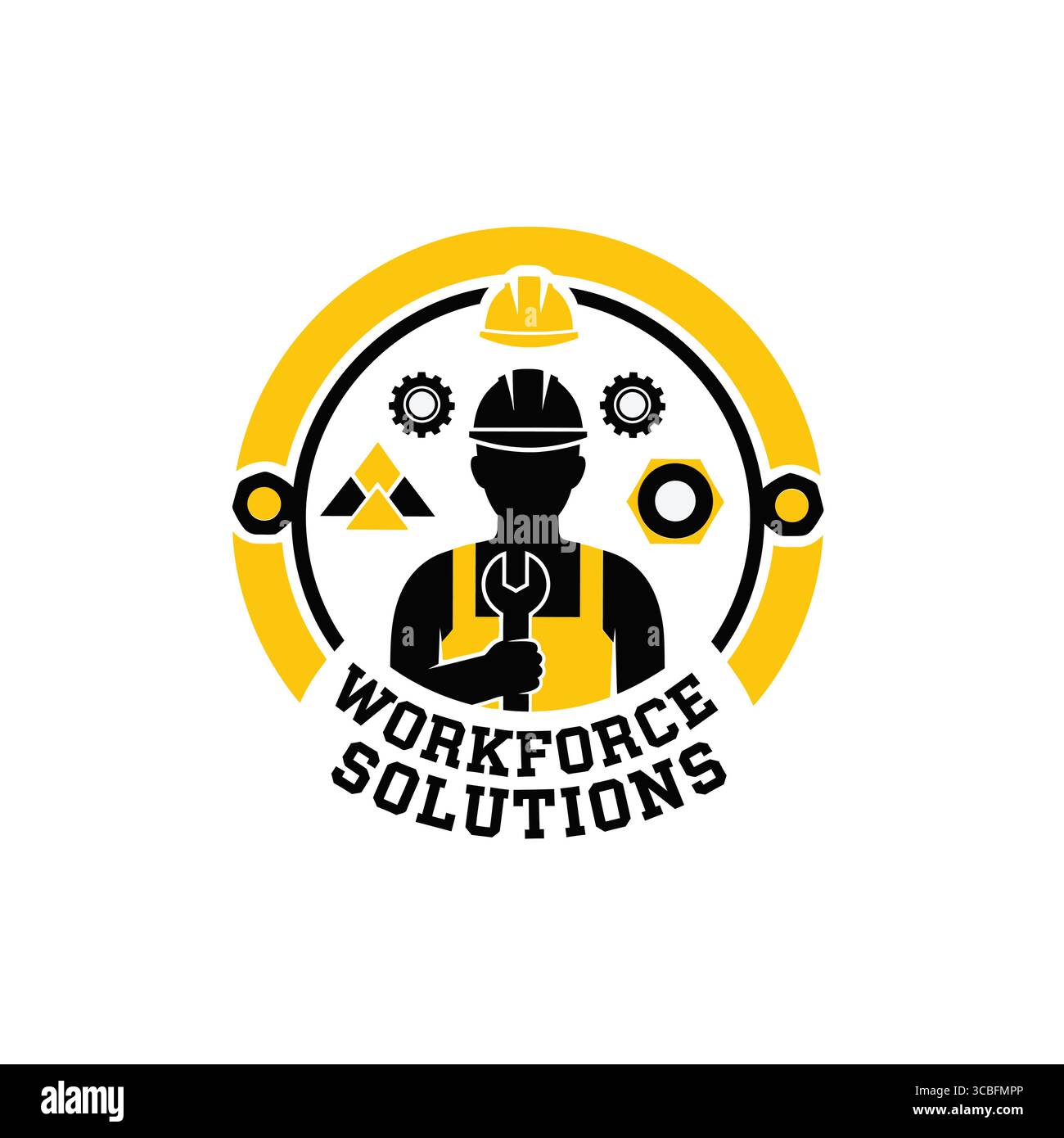 Dieses dynamische Logo zeigt die Silhouette eines Arbeiters, der einen Schutzhelm trägt und einen Schraubenschlüssel hält, umgeben von Zahnrädern und einem industriellen Motiv. Stock Vektor